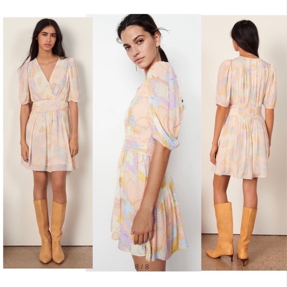BA&SH Noam Dress Pastel Floral Short Sleeve Faux Wrap Mini Swing Dress Size Med - Picture 1 of 10